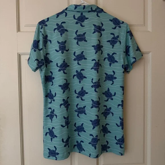 Waggle Men’s (L) Polo Shirt Stretch Performance Size L Aqua Blue Turtle Pattern - Picture 3 of 8
